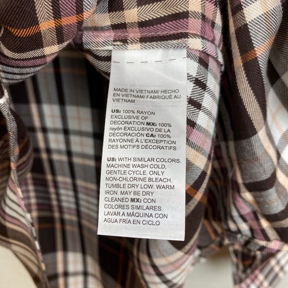 Chico’s Brown Orange Pink Plaid Long Sleeve Ruffle Button Up Top - Picture 5 of 6